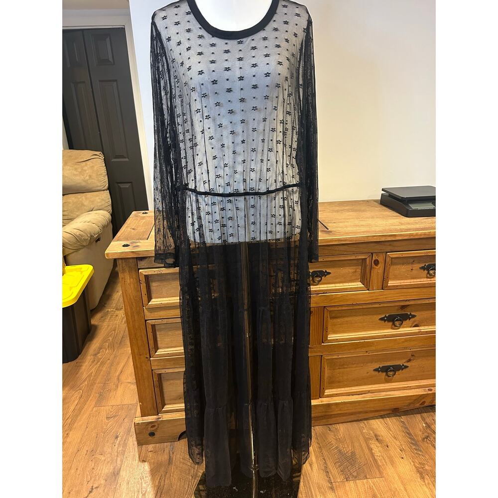 Black Lace Long Sleeve Crew Neck 28/30 Whimsy Goth Grunge Overlay Flowy Tiered